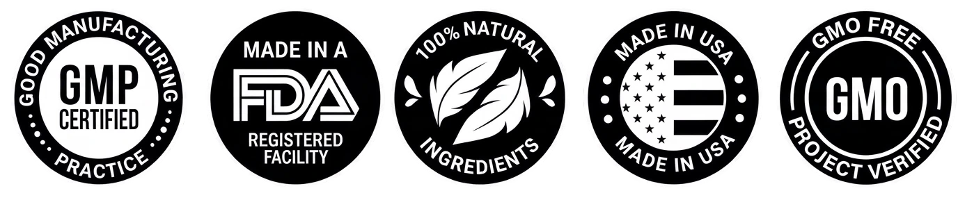 GMP Certified · Made in a FDA Registered Facility · 100% Natural Ingredients · Made in USA · GMO Free